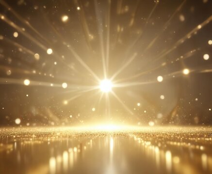 Delicate abstract bokeh lights in soft gold tones, radiating from a central point, tones, radiation