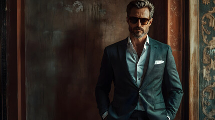 Stylish Man in Dark Suit Posing Against Old Wall