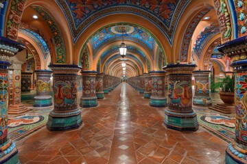 Vibrant hallway featuring intricately painted arches and columns in a colorful architectural space