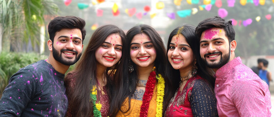 Fototapeta premium group of friends joyfully celebrating Holi with colorful powder and festive decorations.