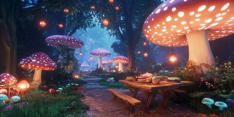 Enchanted forest path with glowing mushrooms, a picnic table, and twinkling lights. Magical fantasy scene.