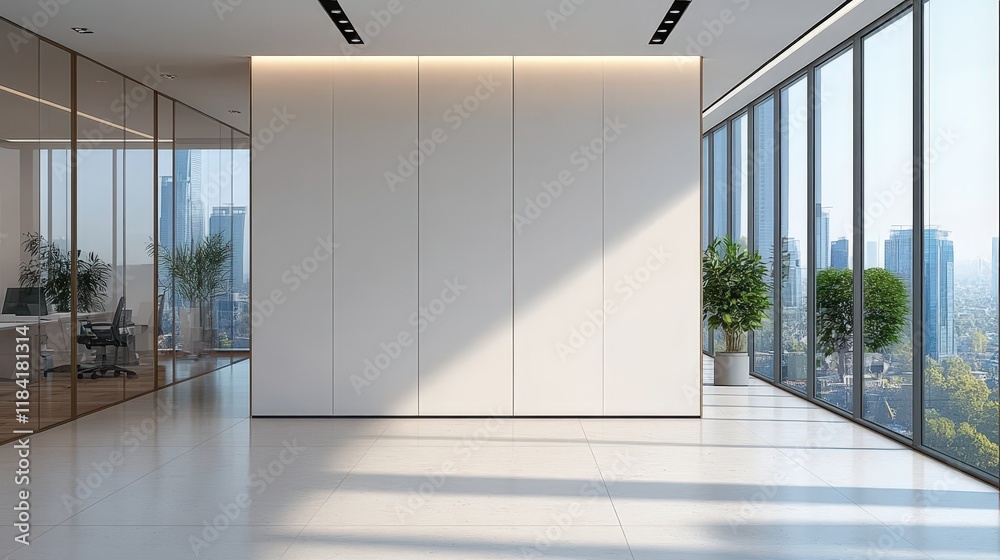 Wall mural Modern Office Interior with Large Windows Offering Stunning Cityscape View and Minimalist Design Elements for Professional Environments