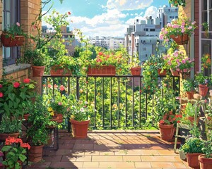 Obraz premium Sunny urban balcony adorned with vibrant potted flowers and greenery. Terracotta pots line the railing, creating a lush garden with city views in the background. AI generative.