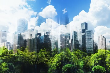 Obraz premium Modern cityscape with lush greenery, showcasing sustainable urban development and environmental harmony. Bright sunny day, blue sky, and fluffy clouds.