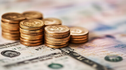 Gold coins stacked on United States dollar bills