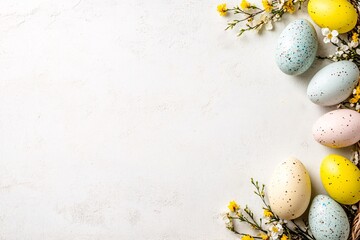 Colorful Easter eggs with black spots, placed on the right side of a white background with copy space, decorated with branches of yellow flowers