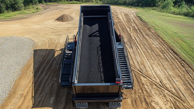 Black dump truck trailer filled with asphalt, seen from above on a dirt road.