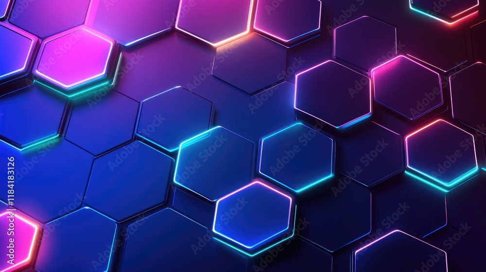Poster top view of hexagonal grids with luminous edges on a dark gradient background, representing innovati