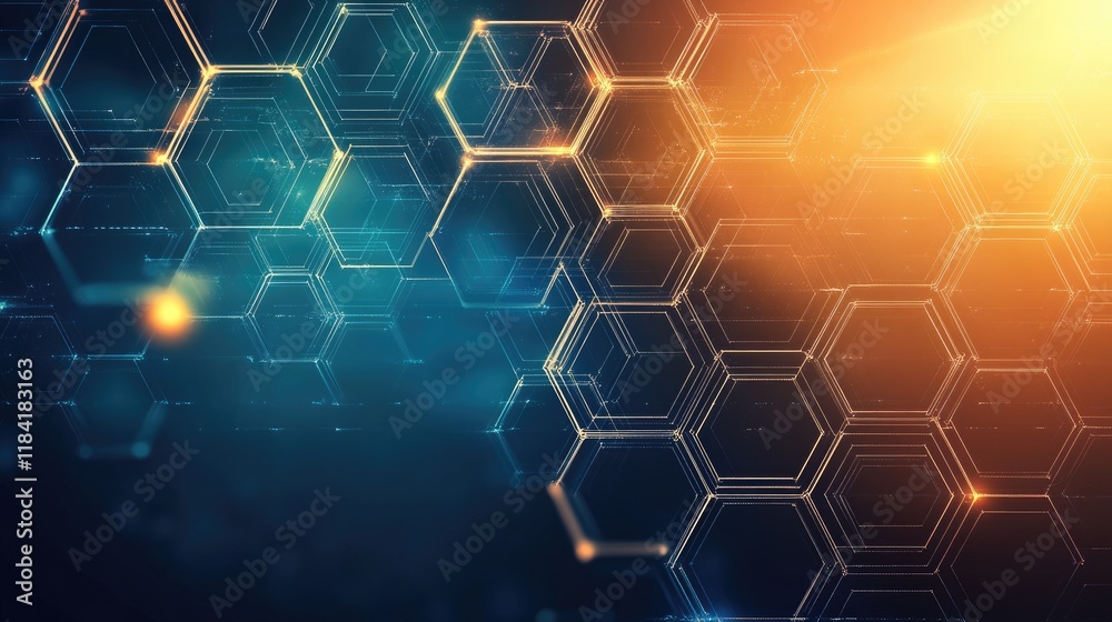 Poster top view of hexagonal grids with luminous edges on a dark gradient background, representing innovati