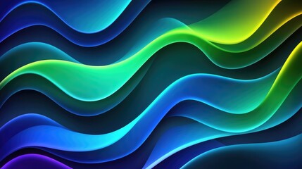 Fototapeta premium Top view of glowing wave-like patterns in neon blue and green tones, symbolizing digital flow.