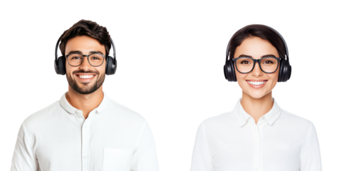 Smiling call center workers wearing headsets, providing customer support