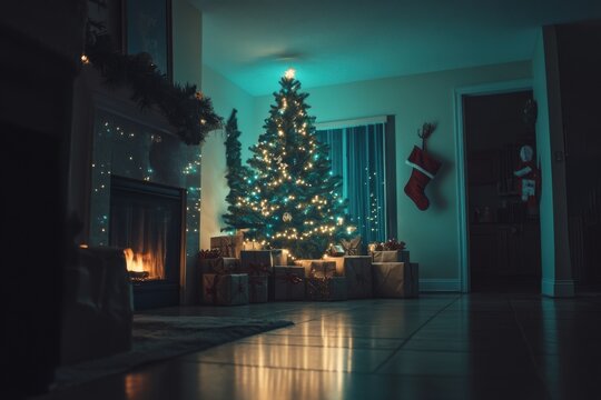 Cozy Christmas tree with presents by fireplace  
