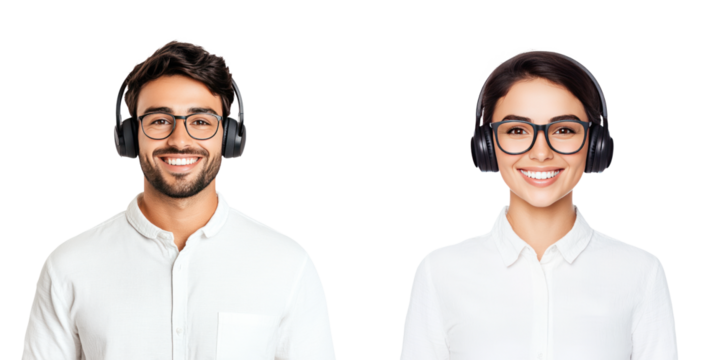 Smiling call center workers wearing headsets, providing customer support