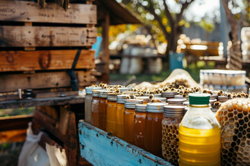Obraz premium Experienced Beekeeper Harvesting Honeycombs with Bees in a Rural Setting Generative AI