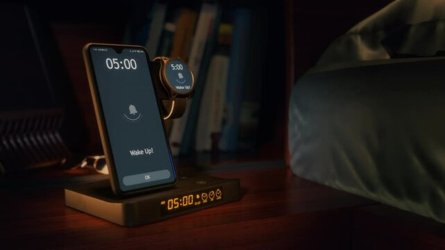 Phone charger  with digital alarm clock, charging phone and smart watch are waking up at 5 AM. The numbers on the devices screens changes from 4:59 to 5:00AM.
