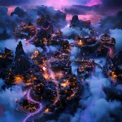 Obraz premium Enchanted mountain village nestled in clouds, glowing with warm lights under a vibrant night sky. Fantasy landscape, magical atmosphere.