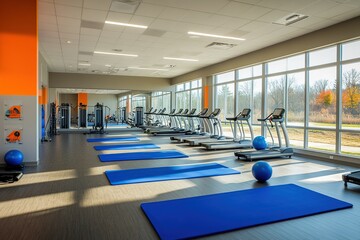 Gym Fitness Center Features Treadmills, Exercise Mats, and Balls