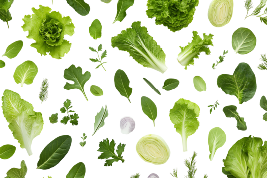 Assorted salad greens with curly lettuce, romaine, and baby spinach, floating on a white background, isolated with clipping path, ultra-clear textures, and perfect lighting - Powered by Adobe