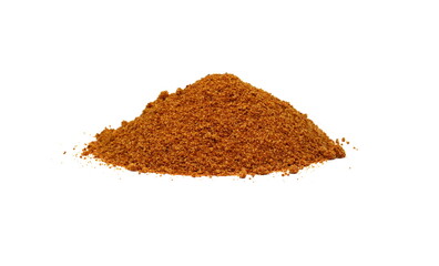 Pile of coconut palm sugar isolated on a white background. Coco sap sugar or coconut blossom. Coconut palm sugar as a sprinkle for cakes and pies.