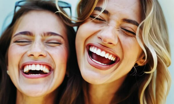 Two women laughing together with joy, close-up