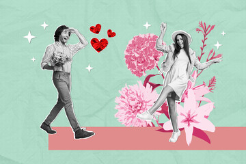 Photo cartoon comics sketch collage of two happy girl guy greeting bouquet celebration valentine event lady dance flower heart