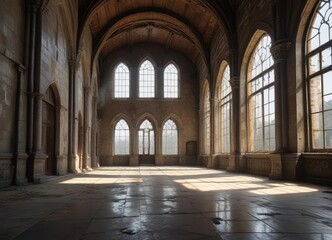Fototapeta premium A grand hall with high ceilings and large windows in an abandoned medieval castle , hall, cobwebs, grand