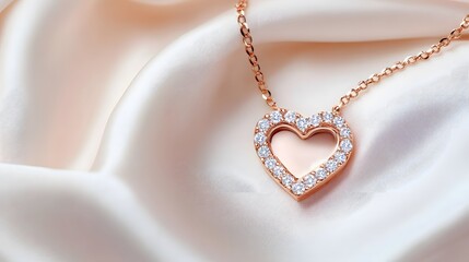 A rose gold necklace featuring a heart-shaped pendant encrusted with small diamonds on a soft flowing fabric