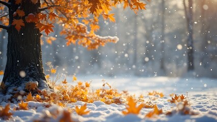 Magical Winter Scene, Golden Autumn Leaves on Pristine Snow, Frosty Trees in a Frozen Forest