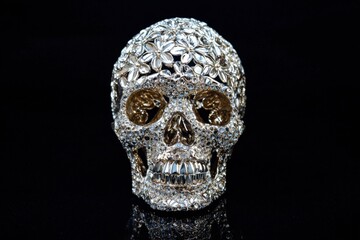 Diamond Skull Sculpture Art Decor Embellished with Crystal Flowers Reflects Luxury and Gothic Aesthetics.