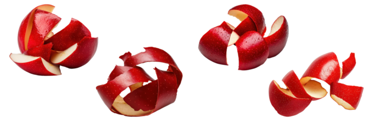 Set of curled red apple peels, isolated on transparent background