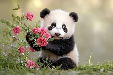 Fototapeta premium Playful panda holding pink roses in a lush garden captivating nature photography