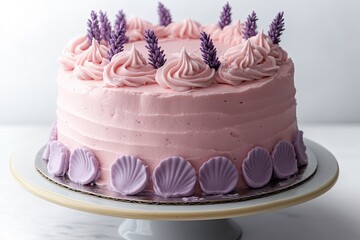 Delicate pink cake adorned with lavender sprigs and elegant fros