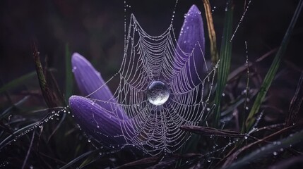 Delicate Spider Web with Dew Drops on Purple Flower in Nature