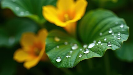Fototapeta premium Bright Yellow Flower with Dew Drops on a Green Leaf Background