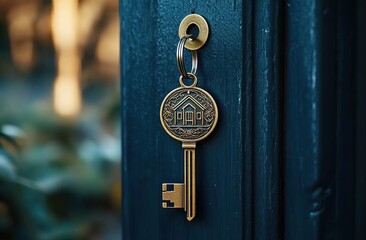 A close-up of an old house key with the shape of a small