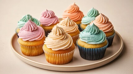 Colorful cupcakes arranged on plate, showcasing delightful frost