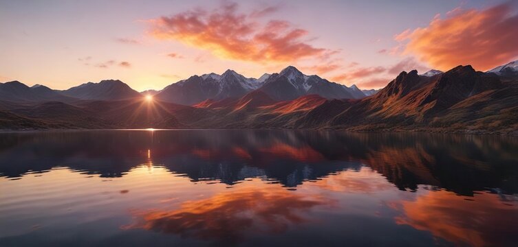 The vibrant colors of a sunset reflected on the calm waters of a lake in the midst of the Andes mountains, natural scenery, Santiago