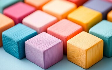 Fototapeta premium Colorful Wooden Cubes Pastel Blocks Childrens Toys Educational Game Creative Background