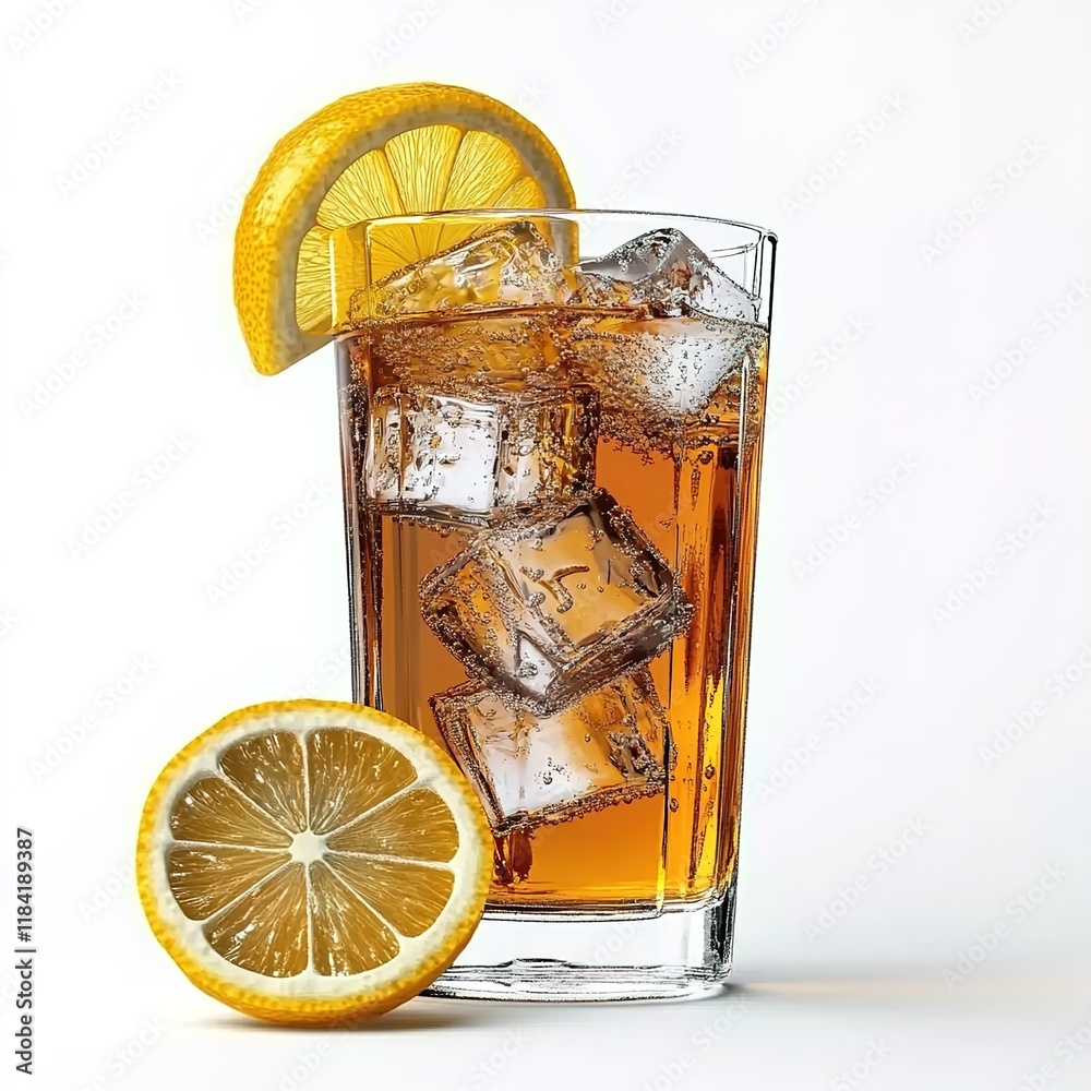 Wall mural A glass of sweet tea with lemon and ice cubes, white background