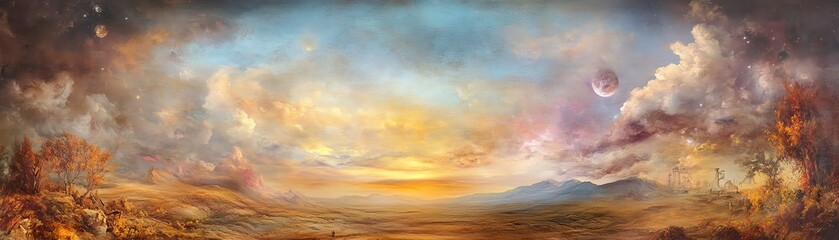 Fototapeta premium Dreamlike landscape painting. Golden sunset over a vast, colorful sky with fluffy clouds. Peaceful and serene.