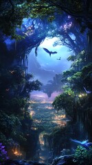 Fototapeta premium Enchanted forest at night. Magical valley, glowing lights, flying birds, lush trees, fantasy landscape. Perfect for fairytale, dream, mystical themes.