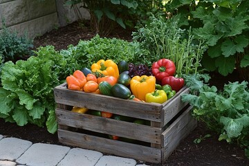 Freshly Harvested Garden Vegetables in Wooden Crate, Abundant Summer Crops, Vibrant Colors, Healthy Eating, Homegrown Produce