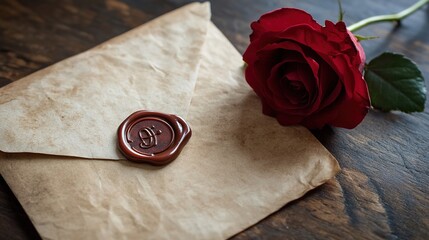 An old-fashioned love letter with wax seal and red rose on vintage parchment paper.