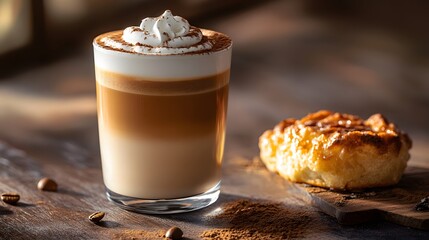 A tall glass of layered coffee topped with whipped cream and a dusting of cocoa powder