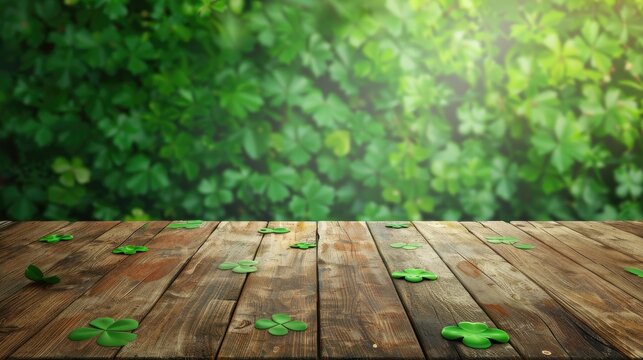 Empty Wooden Table St. Patrick's Day Background - Clover Theme, Irish Holiday Photography, Green Tabletop Scene. MZ