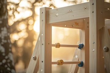 Sunlit wooden playground structure showcasing colorful climbing