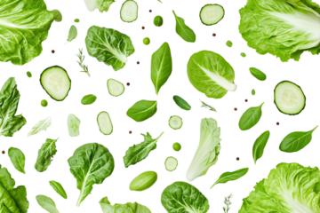 Assorted salad greens with curly lettuce, romaine, and baby spinach, floating on a white background, isolated with clipping path, ultra-clear textures, and perfect lighting