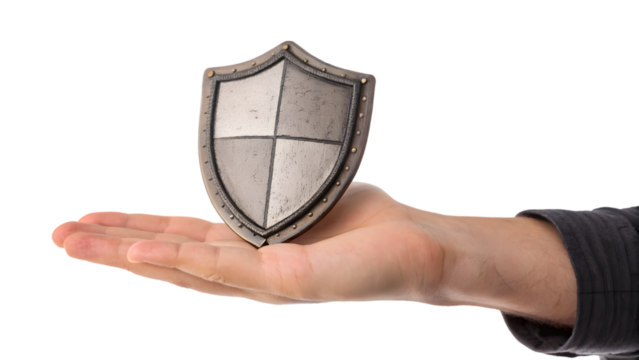 hand holding shield isolated on white