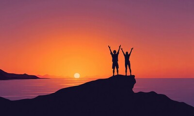Two people raise arms at sunset sea cliff