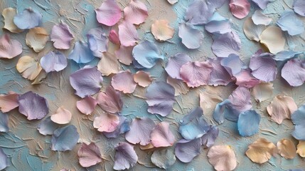 Obraz premium Delicate pastel petals in shades of blue, pink, and cream are artistically scattered across a muted mocha canvas, evoking tranquility and beauty in every hue